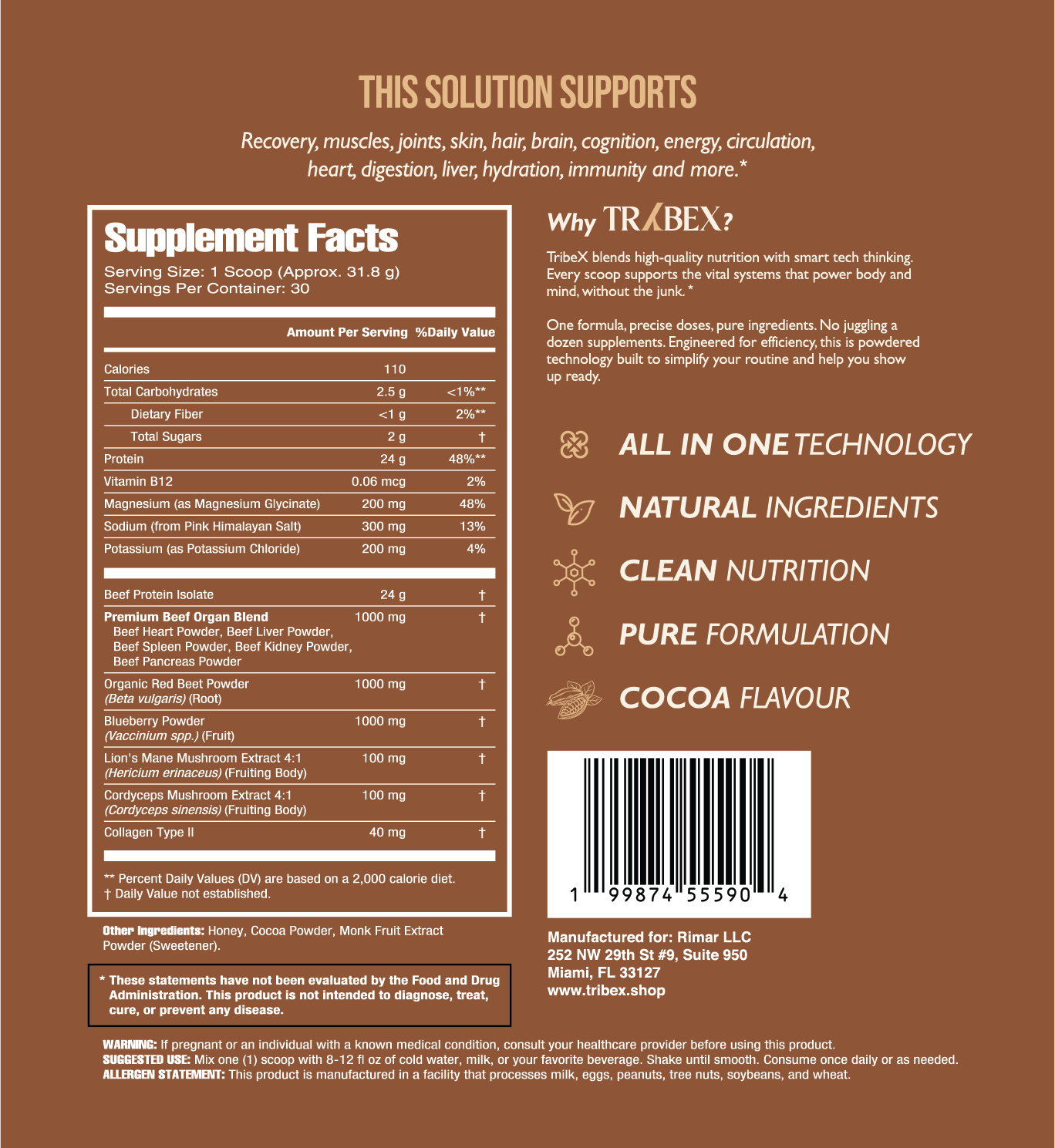 TribeX supplement facts label with serving size, nutrients, ingredients, warnings, and suggested use.